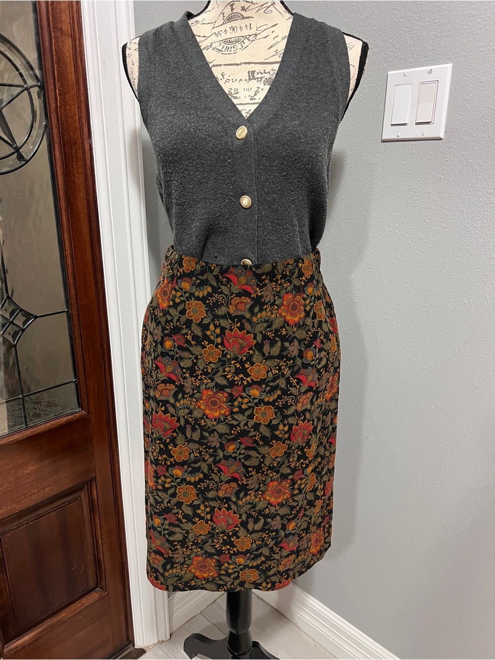 Handmade Floral Corduroy Midi Skirt 90s Vintage Style Dark Academia Medium 29